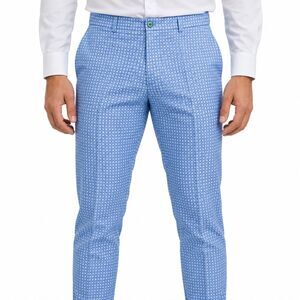 Mens 36 Blue White Check Plaid Seersucker Cotton Slim Fit Flat Front Dress Pants